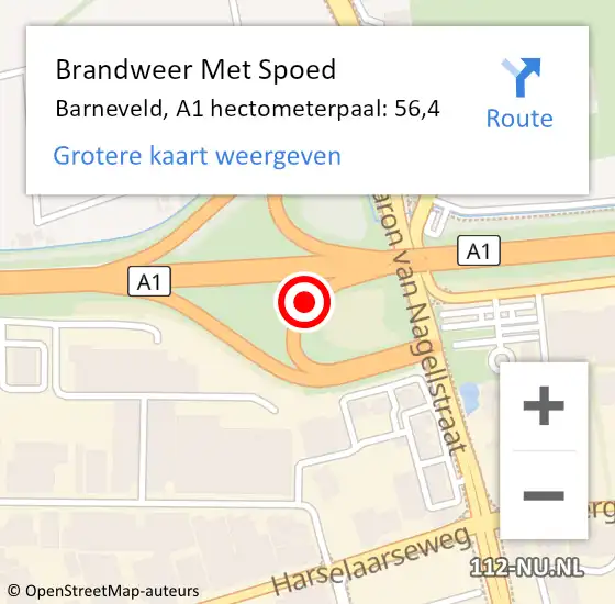 Locatie op kaart van de 112 melding: Brandweer Met Spoed Naar Barneveld, A1 hectometerpaal: 56,4 op 27 november 2024 17:12