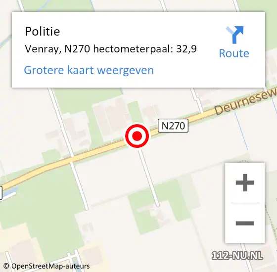 Locatie op kaart van de 112 melding: Politie Venray, N270 hectometerpaal: 32,9 op 27 november 2024 17:37