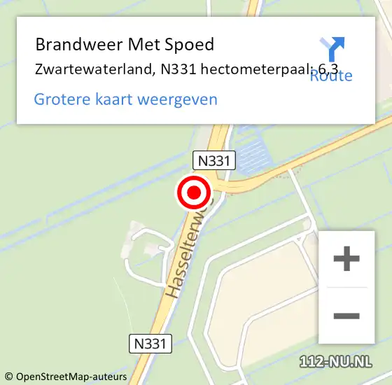 Locatie op kaart van de 112 melding: Brandweer Met Spoed Naar Zwartewaterland, N331 hectometerpaal: 6,3 op 27 november 2024 17:51