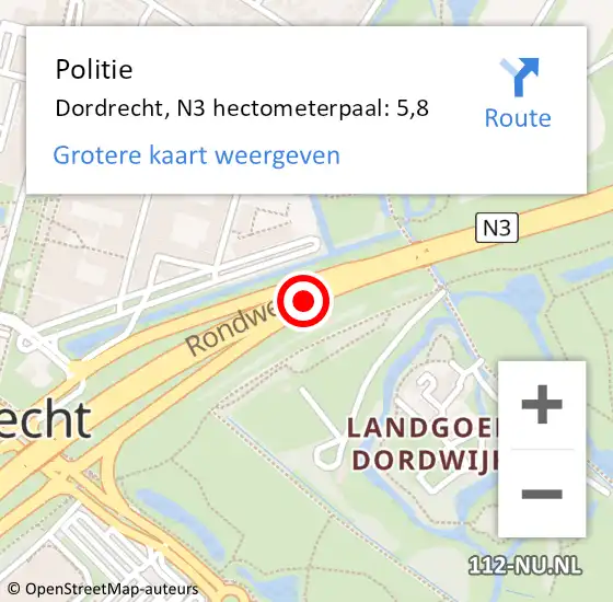 Locatie op kaart van de 112 melding: Politie Dordrecht, N3 hectometerpaal: 5,8 op 27 november 2024 17:55