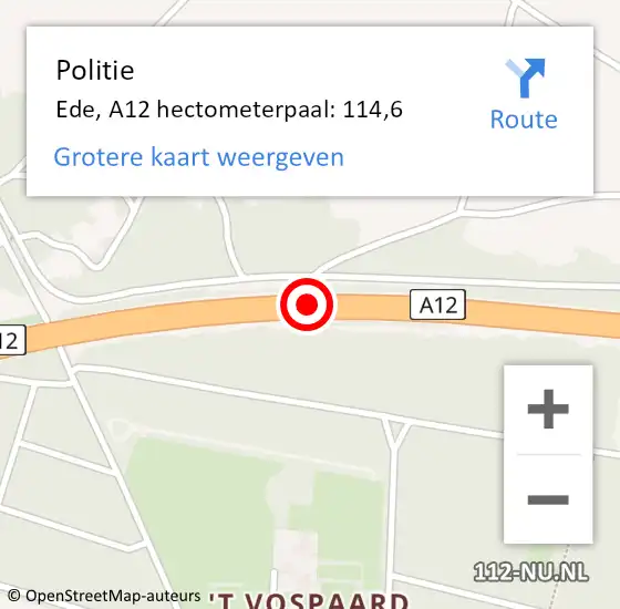 Locatie op kaart van de 112 melding: Politie Ede, A12 hectometerpaal: 114,6 op 27 november 2024 18:28