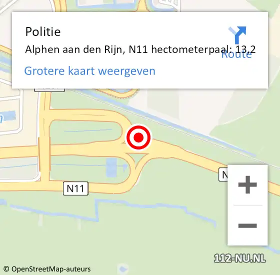 Locatie op kaart van de 112 melding: Politie Alphen aan den Rijn, N11 hectometerpaal: 13,2 op 27 november 2024 18:31