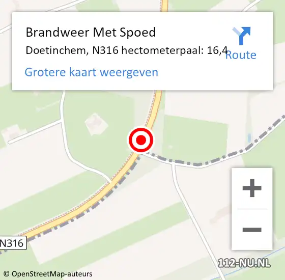 Locatie op kaart van de 112 melding: Brandweer Met Spoed Naar Doetinchem, N316 hectometerpaal: 16,4 op 27 november 2024 19:42