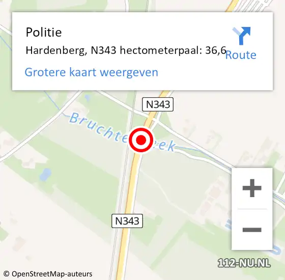 Locatie op kaart van de 112 melding: Politie Hardenberg, N343 hectometerpaal: 36,6 op 27 november 2024 19:48