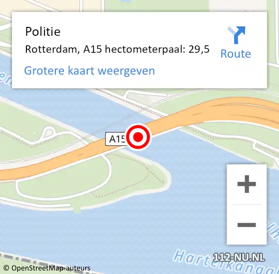 Locatie op kaart van de 112 melding: Politie Rotterdam, A15 hectometerpaal: 29,5 op 27 november 2024 21:41