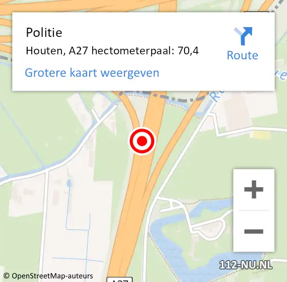 Locatie op kaart van de 112 melding: Politie Houten, A27 hectometerpaal: 70,4 op 27 november 2024 22:04