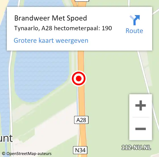 Locatie op kaart van de 112 melding: Brandweer Met Spoed Naar Tynaarlo, A28 hectometerpaal: 190 op 27 november 2024 22:25