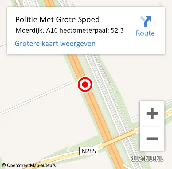 Locatie op kaart van de 112 melding: Politie Met Grote Spoed Naar Moerdijk, A16 hectometerpaal: 52,3 op 28 november 2024 01:04