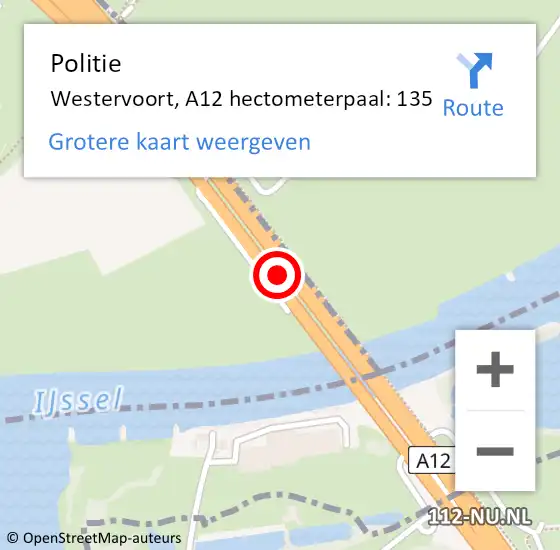 Locatie op kaart van de 112 melding: Politie Westervoort, A12 hectometerpaal: 135 op 28 november 2024 06:01