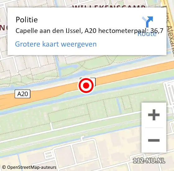 Locatie op kaart van de 112 melding: Politie Capelle aan den IJssel, A20 hectometerpaal: 36,7 op 28 november 2024 06:12