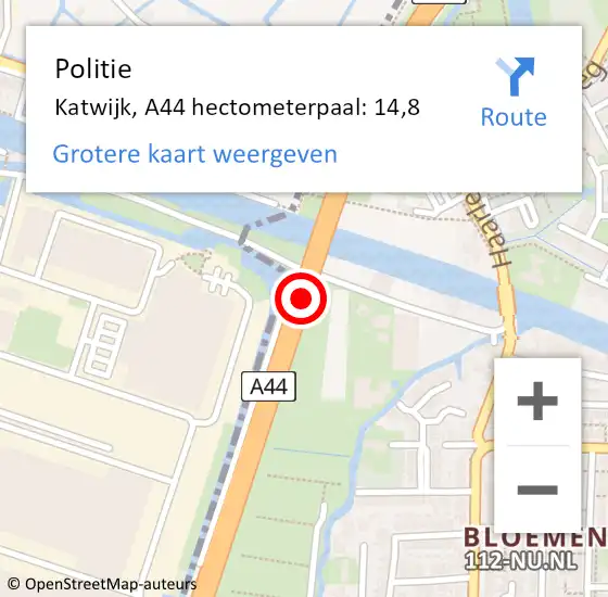 Locatie op kaart van de 112 melding: Politie Katwijk, A44 hectometerpaal: 14,8 op 28 november 2024 08:15