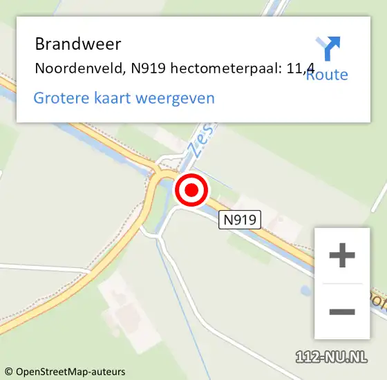 Locatie op kaart van de 112 melding: Brandweer Noordenveld, N919 hectometerpaal: 11,4 op 28 november 2024 08:28