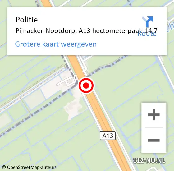 Locatie op kaart van de 112 melding: Politie Pijnacker-Nootdorp, A13 hectometerpaal: 14,7 op 28 november 2024 08:29