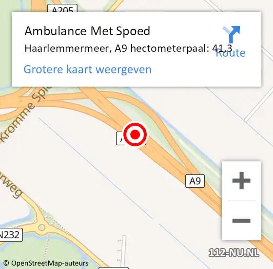 Locatie op kaart van de 112 melding: Ambulance Met Spoed Naar Haarlemmermeer, A9 hectometerpaal: 41,3 op 28 november 2024 08:41