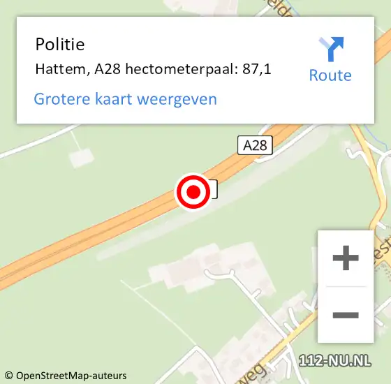 Locatie op kaart van de 112 melding: Politie Hattem, A28 hectometerpaal: 87,1 op 28 november 2024 09:00