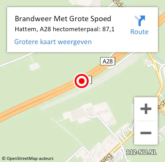 Locatie op kaart van de 112 melding: Brandweer Met Grote Spoed Naar Hattem, A28 hectometerpaal: 87,1 op 28 november 2024 09:00