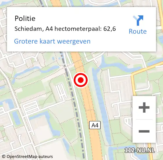 Locatie op kaart van de 112 melding: Politie Schiedam, A4 hectometerpaal: 62,6 op 28 november 2024 09:36