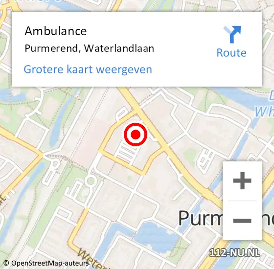 Locatie op kaart van de 112 melding: Ambulance Purmerend, Waterlandlaan op 28 november 2024 10:23