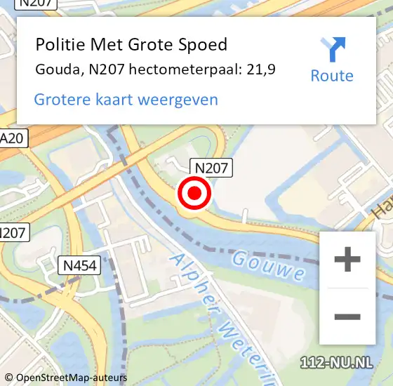 Locatie op kaart van de 112 melding: Politie Met Grote Spoed Naar Gouda, N207 hectometerpaal: 21,9 op 28 november 2024 10:35