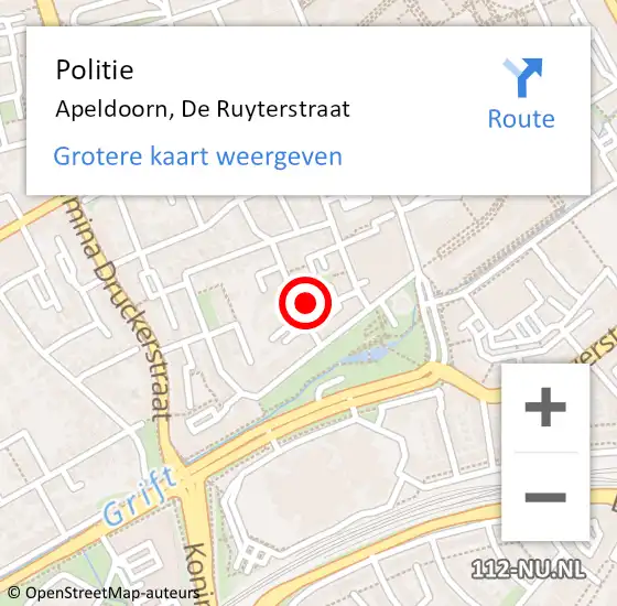 Locatie op kaart van de 112 melding: Politie Apeldoorn, De Ruyterstraat op 28 november 2024 10:54