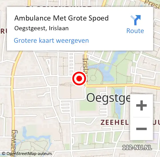 Locatie op kaart van de 112 melding: Ambulance Met Grote Spoed Naar Oegstgeest, Irislaan op 28 november 2024 14:13