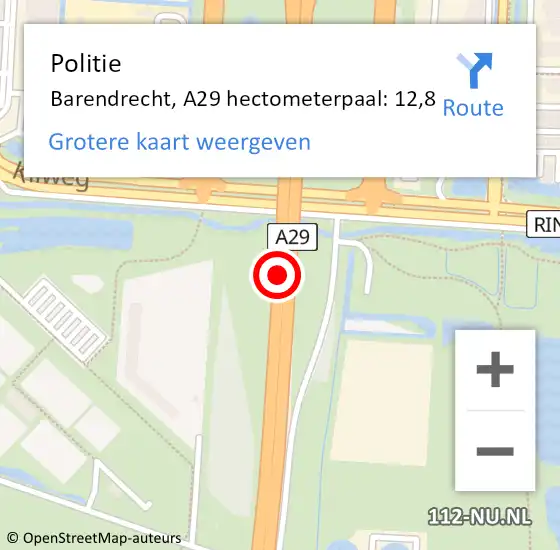 Locatie op kaart van de 112 melding: Politie Barendrecht, A29 hectometerpaal: 12,8 op 28 november 2024 14:38