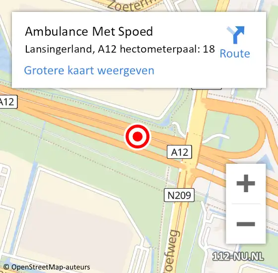 Locatie op kaart van de 112 melding: Ambulance Met Spoed Naar Lansingerland, A12 hectometerpaal: 18 op 28 november 2024 15:51