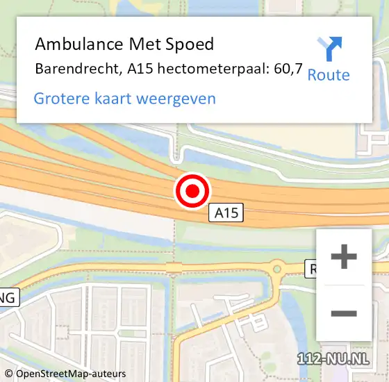 Locatie op kaart van de 112 melding: Ambulance Met Spoed Naar Barendrecht, A15 hectometerpaal: 60,7 op 28 november 2024 17:08