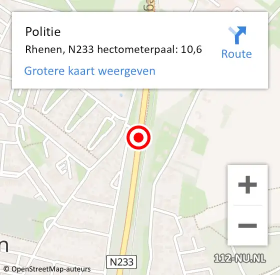 Locatie op kaart van de 112 melding: Politie Rhenen, N233 hectometerpaal: 10,6 op 28 november 2024 17:11