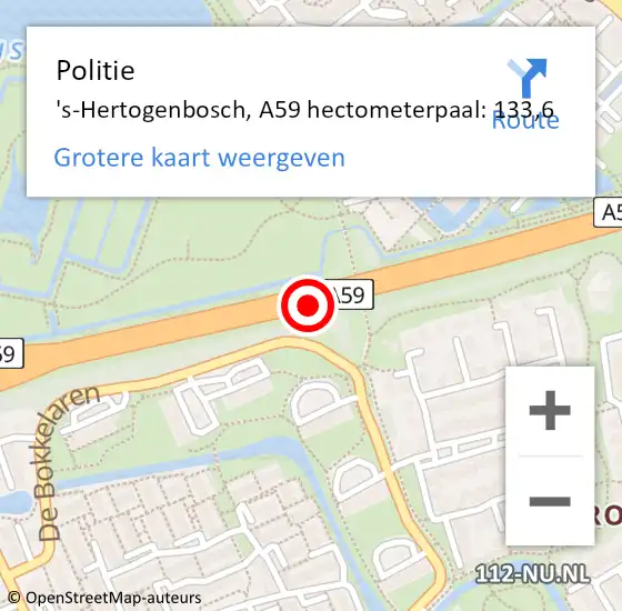 Locatie op kaart van de 112 melding: Politie 's-Hertogenbosch, A59 hectometerpaal: 133,6 op 28 november 2024 17:25