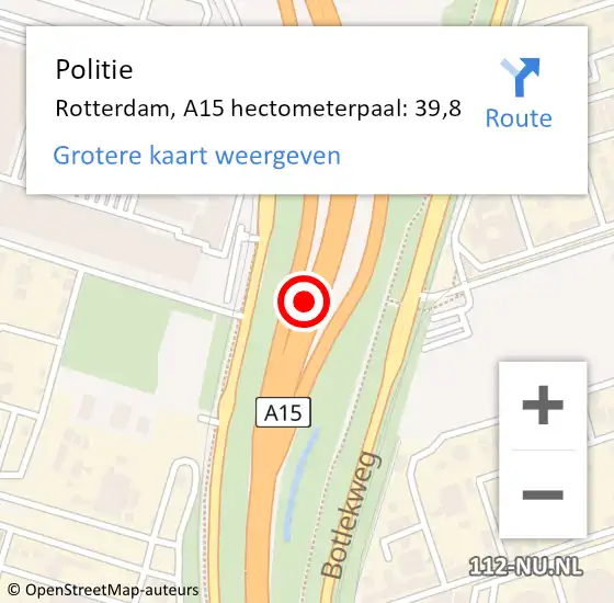 Locatie op kaart van de 112 melding: Politie Rotterdam, A15 hectometerpaal: 39,8 op 28 november 2024 17:44