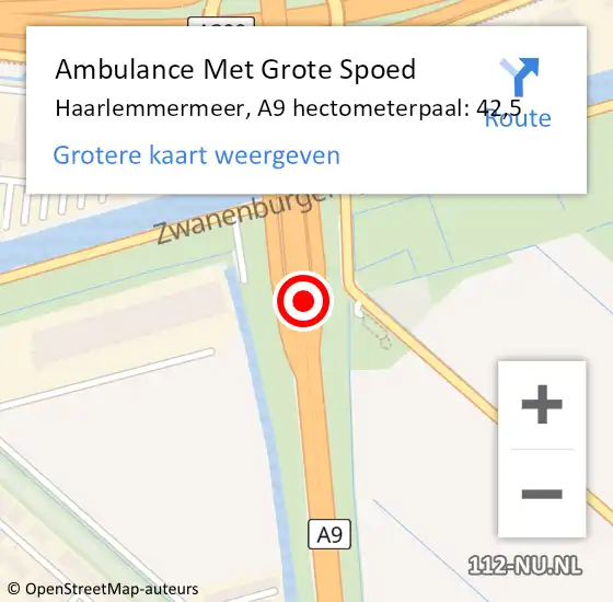 Locatie op kaart van de 112 melding: Ambulance Met Grote Spoed Naar Haarlemmermeer, A9 hectometerpaal: 42,5 op 28 november 2024 18:11