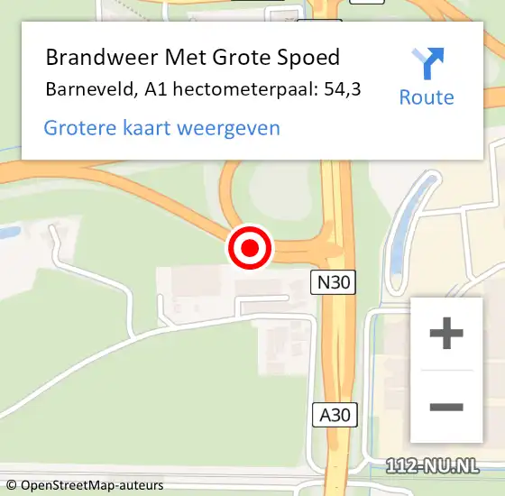 Locatie op kaart van de 112 melding: Brandweer Met Grote Spoed Naar Barneveld, A1 hectometerpaal: 54,3 op 28 november 2024 18:19