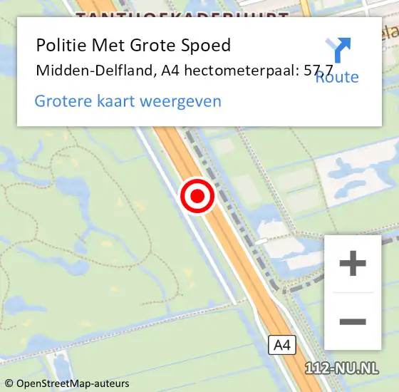 Locatie op kaart van de 112 melding: Politie Met Grote Spoed Naar Midden-Delfland, A4 hectometerpaal: 57,7 op 28 november 2024 18:35