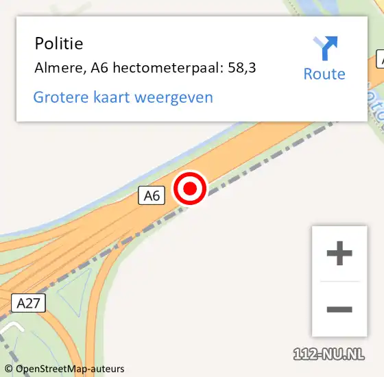 Locatie op kaart van de 112 melding: Politie Almere, A6 hectometerpaal: 58,3 op 28 november 2024 18:42