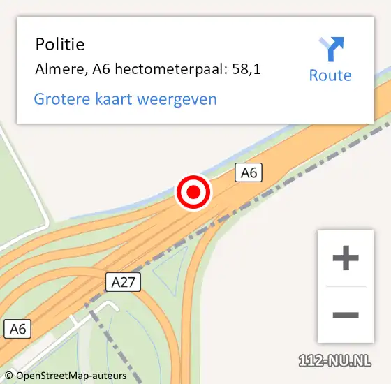 Locatie op kaart van de 112 melding: Politie Almere, A6 hectometerpaal: 58,1 op 28 november 2024 18:51