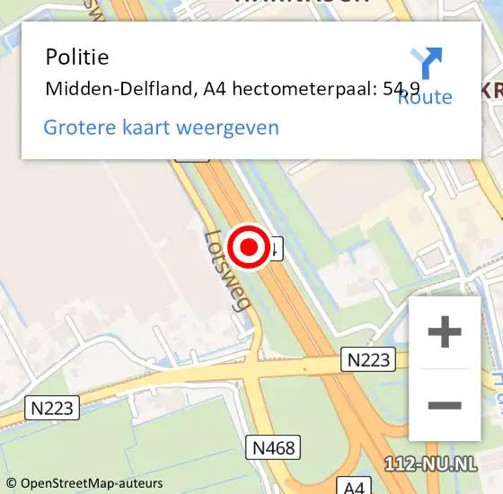 Locatie op kaart van de 112 melding: Politie Midden-Delfland, A4 hectometerpaal: 54,9 op 28 november 2024 20:15