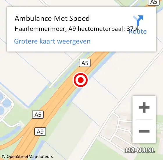 Locatie op kaart van de 112 melding: Ambulance Met Spoed Naar Haarlemmermeer, A9 hectometerpaal: 37,4 op 29 november 2024 00:21