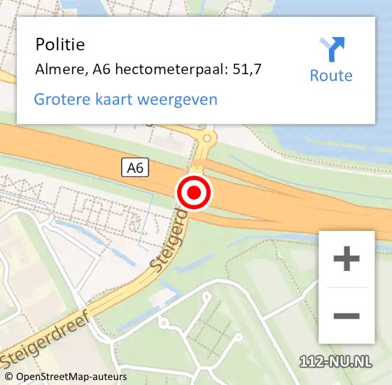 Locatie op kaart van de 112 melding: Politie Almere, A6 hectometerpaal: 51,7 op 29 november 2024 06:49