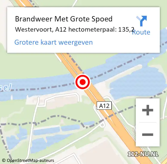 Locatie op kaart van de 112 melding: Brandweer Met Grote Spoed Naar Westervoort, A12 hectometerpaal: 135,2 op 29 november 2024 08:21