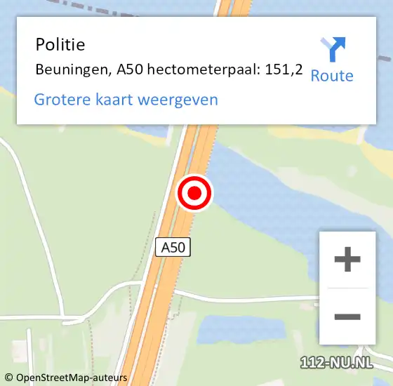 Locatie op kaart van de 112 melding: Politie Beuningen, A50 hectometerpaal: 151,2 op 29 november 2024 10:18