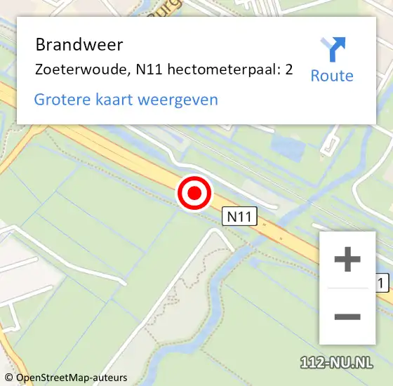 Locatie op kaart van de 112 melding: Brandweer Zoeterwoude, N11 hectometerpaal: 2 op 29 november 2024 10:28