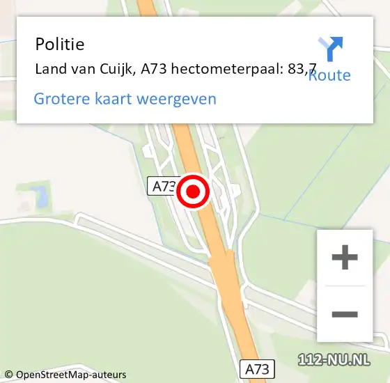 Locatie op kaart van de 112 melding: Politie Land van Cuijk, A73 hectometerpaal: 83,7 op 29 november 2024 12:50