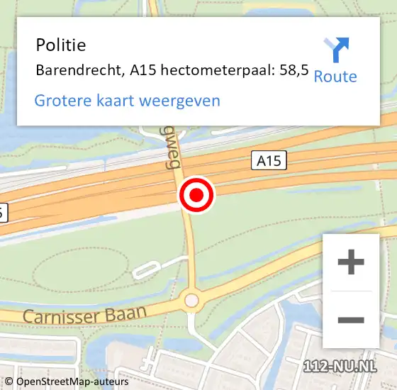 Locatie op kaart van de 112 melding: Politie Barendrecht, A15 hectometerpaal: 58,5 op 29 november 2024 13:39