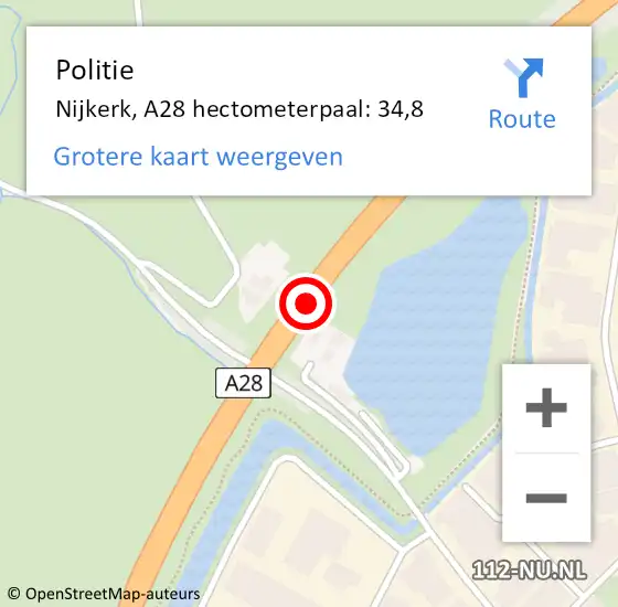 Locatie op kaart van de 112 melding: Politie Nijkerk, A28 hectometerpaal: 34,8 op 29 november 2024 13:43