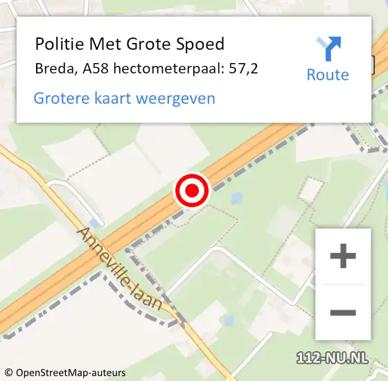 Locatie op kaart van de 112 melding: Politie Met Grote Spoed Naar Breda, A58 hectometerpaal: 57,2 op 29 november 2024 13:47