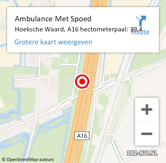 Locatie op kaart van de 112 melding: Ambulance Met Spoed Naar Hoeksche Waard, A16 hectometerpaal: 39,4 op 29 november 2024 15:46