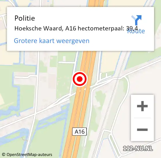 Locatie op kaart van de 112 melding: Politie Hoeksche Waard, A16 hectometerpaal: 39,4 op 29 november 2024 15:47