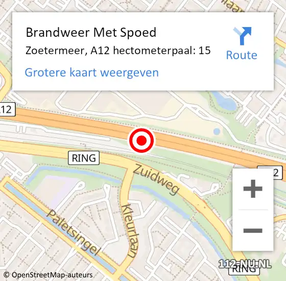 Locatie op kaart van de 112 melding: Brandweer Met Spoed Naar Zoetermeer, A12 hectometerpaal: 15 op 29 november 2024 15:48