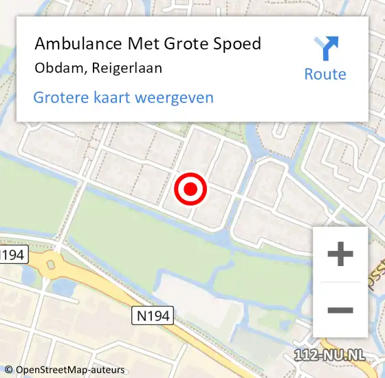 Locatie op kaart van de 112 melding: Ambulance Met Grote Spoed Naar Obdam, Reigerlaan op 29 november 2024 15:58